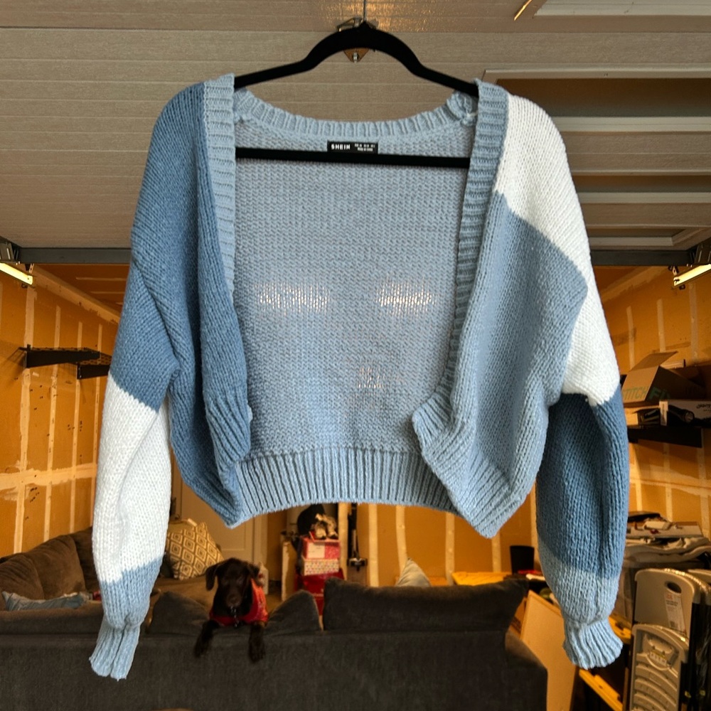 SHEIN Blue and White V-Neck Sweater